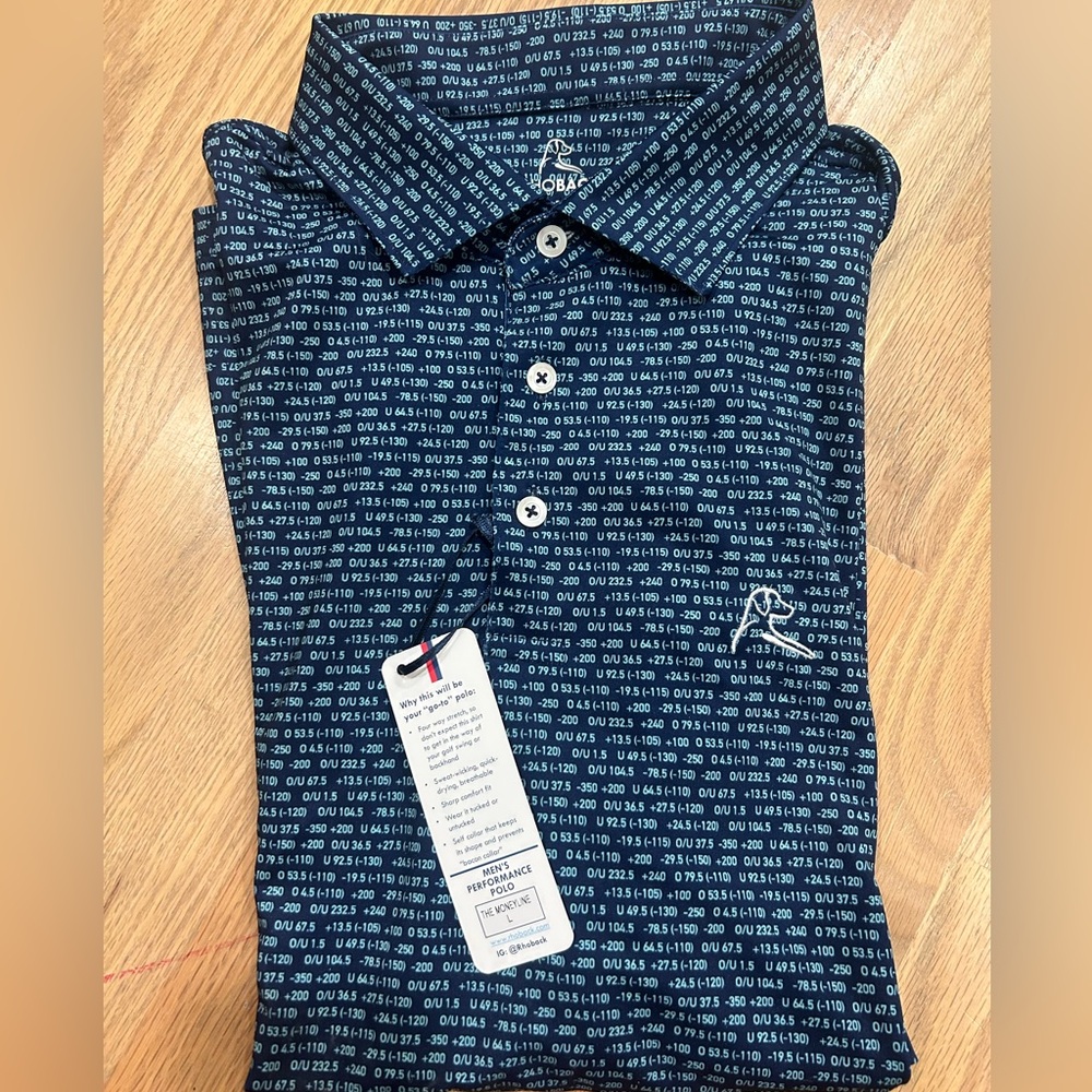 Rhoback Navy Numeric Pattern Polo - “The Moneyline” - Size Large - New with tags